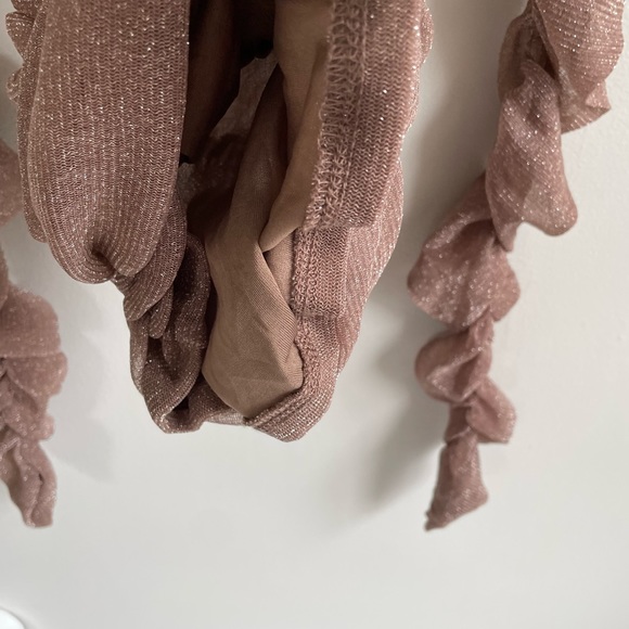 NUDE SILVER METALLIC LAME LONG RUCHED SLEEVE TOP LINED SHEER CROP STRETCH - Picture 6 of 10